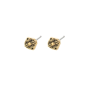 Retro golden square stud earrings with symmetrical cloud pattern relief on white background