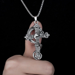 Gothic silver dragon and skull cross pendant necklace with a premium metal bead chain