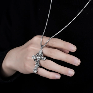 Gothic titanium steel cross pendant necklace with snake wrapping and box chain
