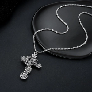 Gothic silver cross necklace with dragon and skull relief on a durable box chain