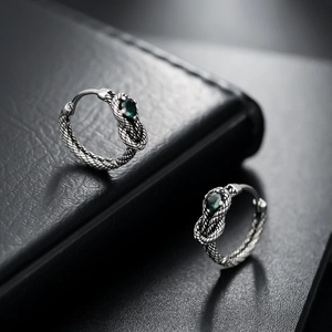 Retro snake-head hoop earrings with green stones and vintage silver scale texture