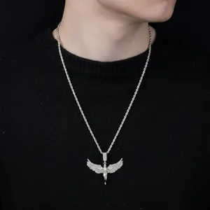 Hip Hop Engelsschwinge Halskette Mit Anhänger Titanstahl Legierung Pflaster-Strass Seilkette Herren Damen Schmuck Geschenk Silber