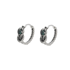 Retro silver snake knot hoop earrings with green zircon stones on white background