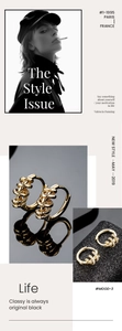 Close-up of golden U-shaped hoop earring with micro-set zircon and twisted spiral texture