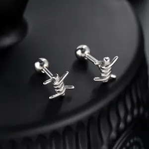 Punk Titanium Steel Barbed Wire Knot Stud Earrings For Men Women Gothic Industrial Style Silver Color Screw Back Ear Jewelry