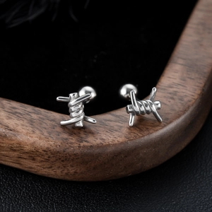 Silver knot stud earrings in barbed wire design with secure screw-back ball closures