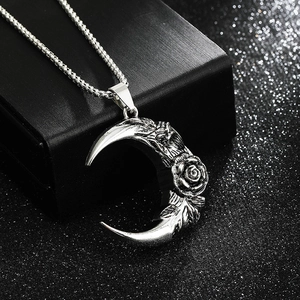Vintage Rose Moon Pendant Necklace For Men Women Titanium Steel Alloy Antique Silver Gothic Dark Style Crescent Necklace Jewelry
