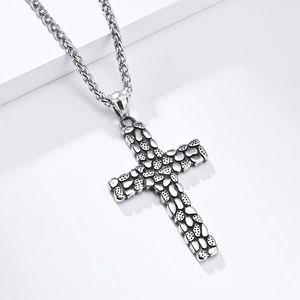 Vintage pebble-textured stainless steel cross necklace for men on a silver rope chain