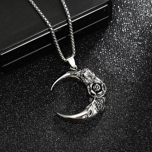 Gothic moon necklace with rose relief carving and vintage silver finish box chain pendant