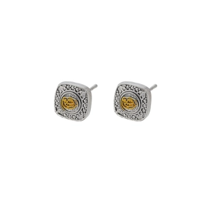 Retro square silver earrings with gold circular relief pattern and vintage classic design