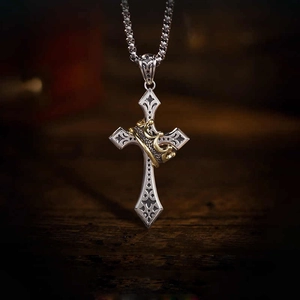 Collier Pendentif Croix Couronne en Acier au Titane Gothique Vintage pour Hommes Garçons Bicolore Or Argent Bijoux Punk
