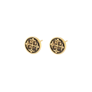 Boucles d'oreilles vintage en or oxydé avec motif de fleur en croix et relief rond