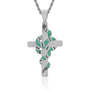 Collier Pendentif Croix Serpent Hip Hop Acier Titane Zirconia Pavé Micro Incrusté Chaîne Torsadée Bijoux Streetwear Rétro pour Homme Femme