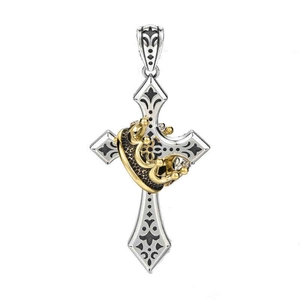 Pendentif croix rétro en acier inoxydable avec couronne dorée et gravures florales