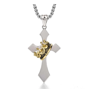 Collier croix avec couronne dorée sur chaîne maille miroir, bijou acier pour homme