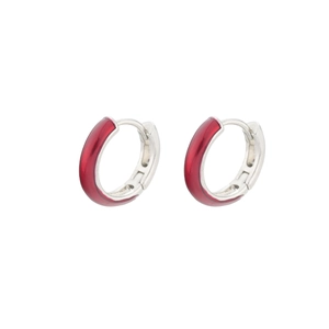 Minimalist silver hoop earrings with bright red enamel coating for a modern fashion look