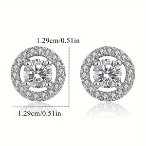 Classic silver round CZ stud earrings with halo diamonds and 1.29cm measurement