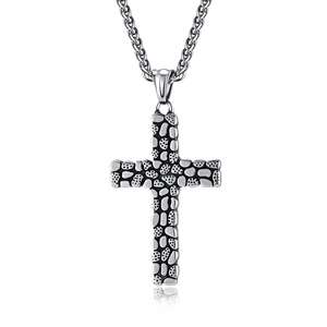 Vintage pebble textured stainless steel cross necklace with a polished wheat chain for men
