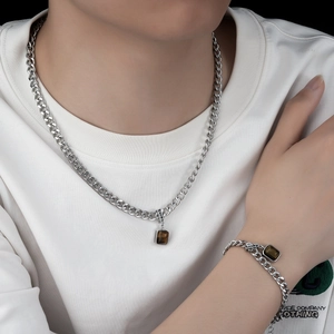 Titanium Steel Tiger Eye Stone Necklace For Men Women Silver Cuban Link Lucky Engraved Rectangular Rhinestone Pendant Necklace
