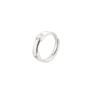 Minimalist silver adjustable open ring with small round zircon stone on white background