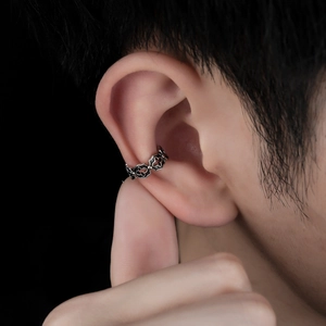 Vintage hollow cross ear cuff in antique silver finish for non-pierced ears