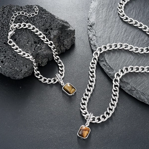 Silver cuban chain tiger eye stone necklace and bracelet set with lucky engraving
