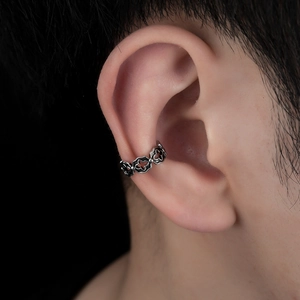 Vintage hollow cross ear cuff in antique silver finish for non-pierced ears