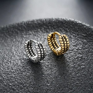 Retro distressed stainless steel hoop earrings in silver and gold with cable textures