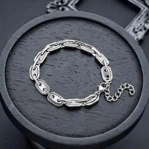 Bracelet chaîne grains de café en acier inoxydable poli avec fermoir mousqueton réglable