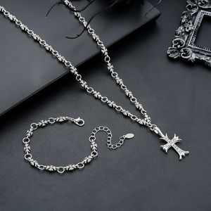 Gothic silver stainless steel necklace and bracelet set with rhinestone cross pendants