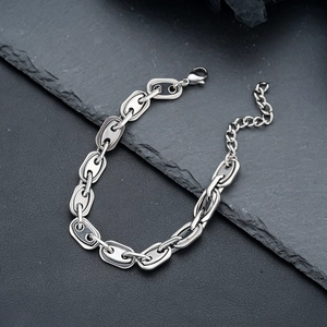 Bracelet à maillons grains de café en acier inoxydable argenté poli avec fermoir mousqueton