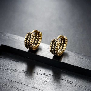 Vintage textured gold metal hoop earrings with industrial distressed finish for men and women