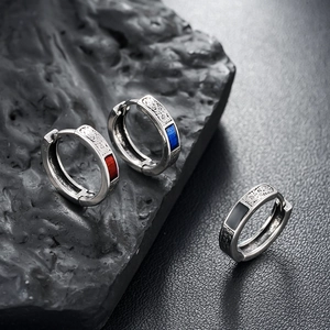 Vintage Copper Enamel Hoop Earrings For Men Women Embossed Geometric Huggie Earrings Retro Unisex Jewelry Blue Red Black