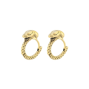 Retro gold snake hoop earrings with detailed scale texture on white background