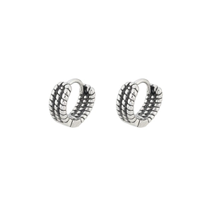 Vintage silver hoop earrings with triple parallel twisted rope texture for men and women