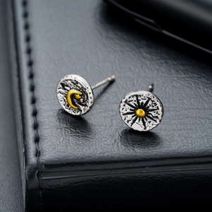 Retro celestial sun and moon stud earrings with vintage silver and gold finish
