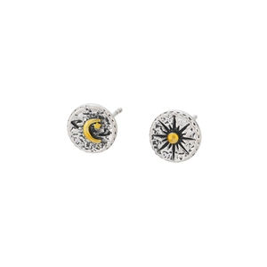 Retro celestial sun and moon stud earrings in oxidized silver and gold finish