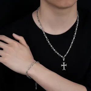Retro Gothic Cross Pendant Necklace Bracelet Set Titanium Steel Alloy Rhinestone Inlaid Fashion Jewelry For Men Women