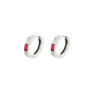Retro silver hoops with vintage engraving and red enamel rectangular accents