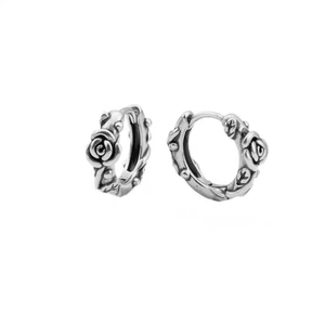 Retro oxidized silver hoop earrings featuring 3D rose petals and vine carvings