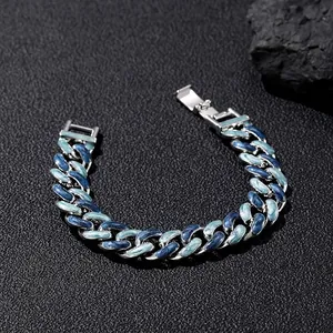 Bracelet Vintage en Alliage Émail Bleu Étoilé Maille Cubaine Pour Hommes Femmes Argenté Hip Hop Streetwear Bijoux Accessoires