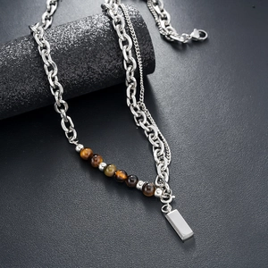 Tiger eye stone cuban chain necklace with rectangular tag in silver stainless steel