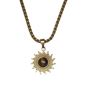 Goldene Sonnenanhänger Halskette mit braunem Tigerauge-Stein auf einer Box-Kette