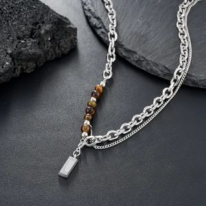 Double-layered tiger eye stone necklace with a polished steel rectangular pendant