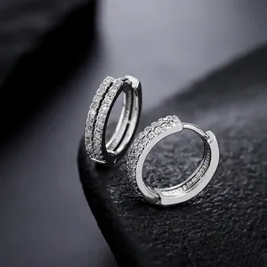 Boucles d'Oreilles Créoles de Luxe en Cuivre Double Rangée de Strass pour Hommes Femmes Couleur Argentée Bijoux Mode