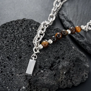 Tiger eye stone double layer necklace with stainless steel chain and rectangle pendant