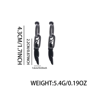 Boucles d'oreilles plume en acier inoxydable noir mat avec anneau pour hommes
