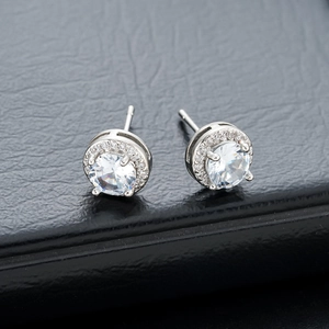 Classic silver round halo stud earrings with brilliant cubic zirconia for men