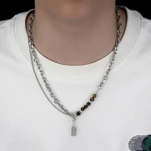 Titanium Steel Tiger Eye Stone Necklace For Men Women Double Layered Cuban Chain Rectangular Pendant Retro Industrial Jewelry