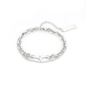 Silver double-layer cross star bracelet with snake chain and zircon star charm